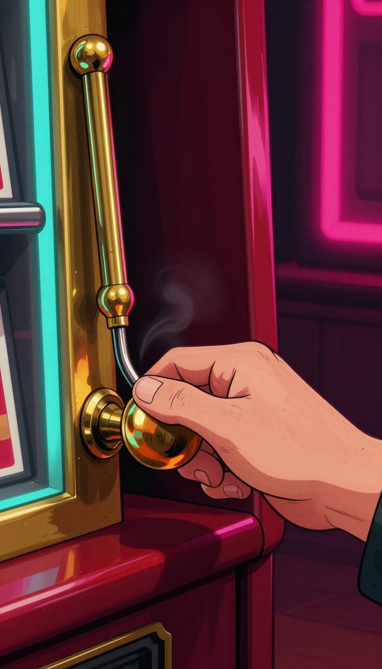 close-up of a weathered hand gripping the polished gold knob of an ornate brass slot-machine lever, pulled halfway down, knuckles whitened, cabinet-red and cyan neon light