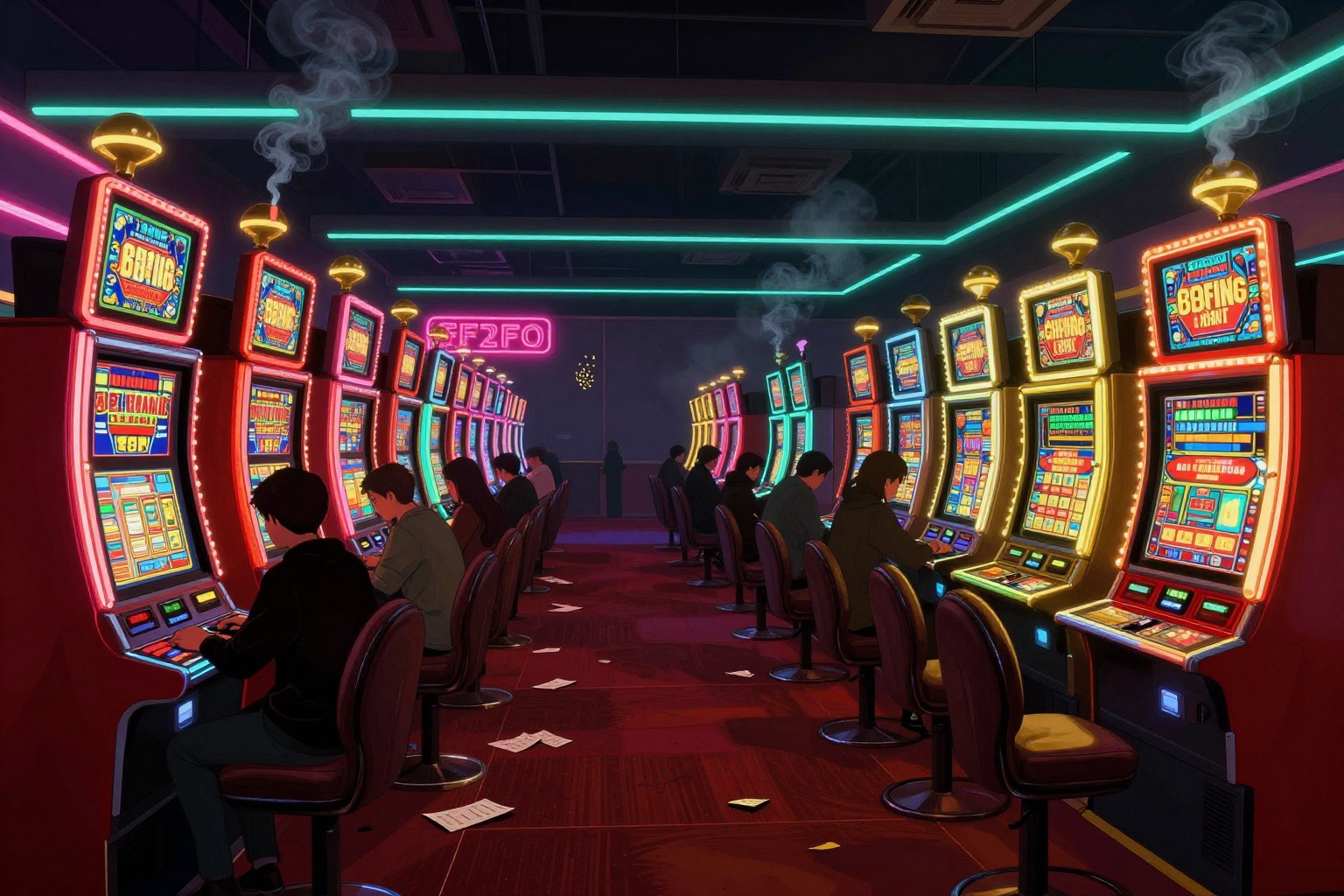 wide cinematic view of a dim casino floor at night, rows of cherry-red and brass-gold slot machines receding into atmospheric perspective, hunched silhouetted figures seated at some of them rim-lit by cyan neon, hot-pink glow from a distant sign, smoke and scattered receipts on the carpet